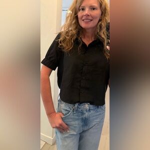 Zara Black Cropped Button Down Puff Sleeve Blouse Office Chic Large